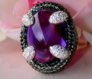 Unique Amethyst Ring with Black and White Diamonds