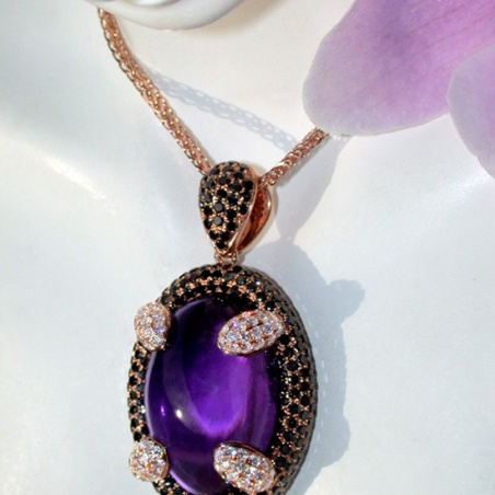 Unique Amethyst Pendant with Black and White Diamonds
