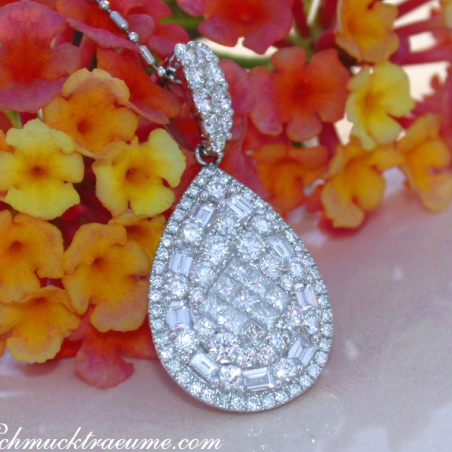 Unique Pear Pendant with Brilliant, Princess and Baguette Diamonds